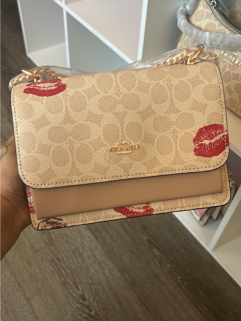 Coach Beige Signature Kiss-Print Crossbody Bag with Gold Chain